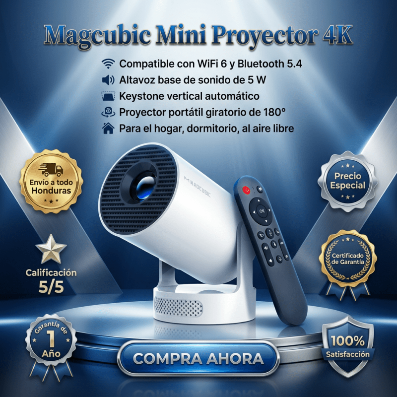 Proyector Smart+ 4K Support (WiFi 6 + Bluetooth 5.4) – Rotación 180° + Keystone Auto + SoundBase 5W - Inversiones Alkosto